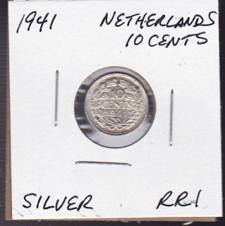 1941 Netherlands 10 Cents Silver World Coins