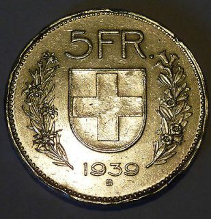 Switzerland 1939 Five 5 Franc SILVER William Tell KM #40 Large Coin