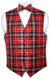 Mens Plaid Design Dress Vest NeckTie Black Red White Neck Tie Set for 