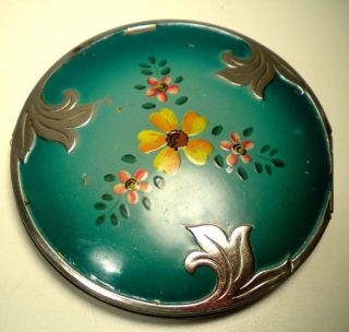   Vintage Compact Enameled in Green Floral Pattern Art Nouveau style