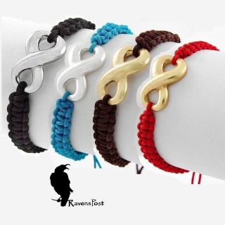 Silver Infinity Bracelet Turquoise or Black Braided Noose Loop Unisex 