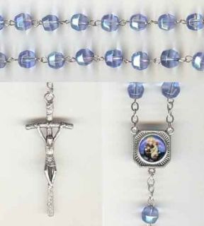 St. Anthony Padua Iridescent Crystal Rosary   Sky Blue   Bonus Relic 