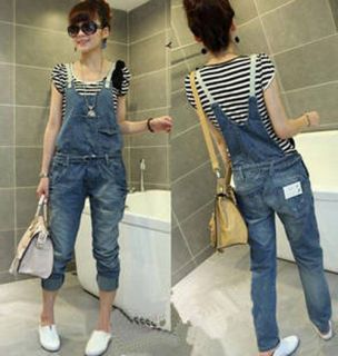 Fashion Casual Womens Frayed Denim Overall Strap Jeans Jumpsuits 