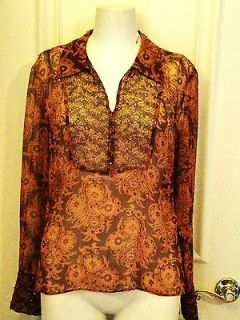 ECI sz M brown rust paisley silk blouse sequins beads poet romantic 