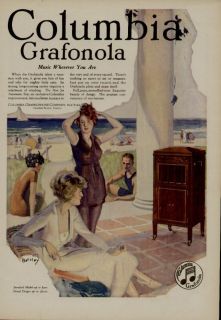 1927 COLUMBIA GRAFONOLA AD / BEACH SCENE   BARCLAY ART