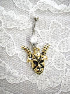 GOLDTONE GOAT HEAD BAPHOMET & CLEAR CZ NAVEL BELLY RING