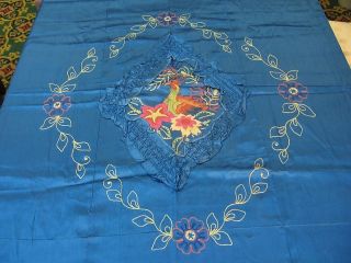 Royal Blue Bedspread w/ Embroidered Flowers & Peacocks Sz 78x85 w 