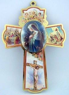 Catholic Real Wooden Cross Depicting Last Supper Sorrowful Mother Mary 
