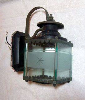 Vintage Outdoor Ornate Wall Lantern, etched glass, black enameled