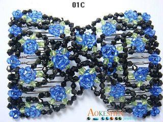   Women Hair Comb Easy Stretchy Double Clip Jewelry Blue Beaded J01C