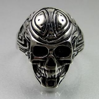 Cool Biker Mens Black Silver Stainless Steel Fully Tattooed Skull Ring 