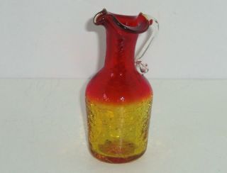 Amberina Crackle Blown Glass Pitcher Applied Handle Red Gold Vintage 