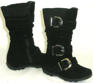   Kids Tall 3 Buckle Suede Flat Boots*Warm Knit Top BLACK TODDLER/YOUTH