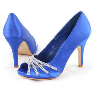 SHOEZY womens blue evening satin rhinestones peep toe heels pumps 