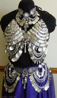 TRIBAL SILVER COIN BRA, BELT, NECKLACE & EARRING SET, B, C, or DD cup 