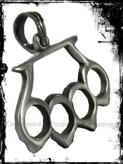 BRASS KNUCKLES SILVER PEWTER PENDANT LEATHER NECKLACE
