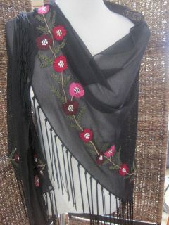 NWOT Lane Bryant Sheer Blk Fringed Embroidered Shawl Sarong Cover up