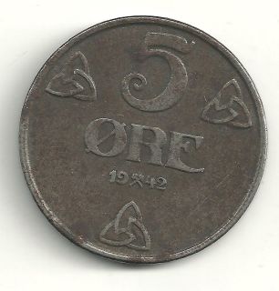 VERY NICELY DETAILED IRON 1942 NORWAY 5 ORE COIN SEVERAL DIE BREAKS