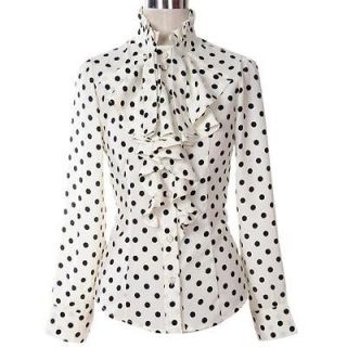 New Womens Clothes Ruffle Front high neck polka dot Print Top Shirt 