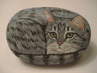 Gray tabby cat hand painted on a stone   pet rock..