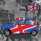 FQ Car Fabric London Bridge Mini Cooper Cars Union Jack Cotton 