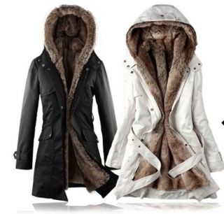Women Coat Hooded Faux Fur Winter Lining Parka Long White SizeL