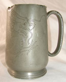   Chinese Pewter Beer Mug/Tankard, Dragon Engraved Kut Lee Swatow China
