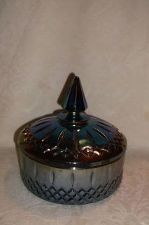 IRIDESCENT CARNIVAL GLASS BLUE WINDSOR COVERED BOWL CANDY DISH