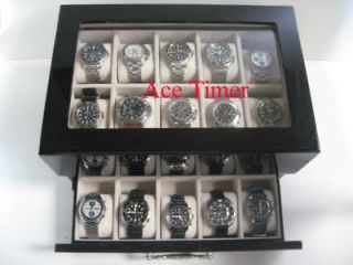 20 Watch Glass Top Black Lacquer Display Box Case 60mm