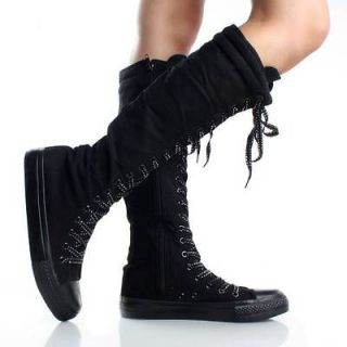 Black Lace Up Knee High Boots Canvas Sneakers Flat Womens Skate Shoes 