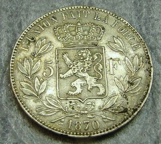Devils Auctions     ​     Belgium Large Silver 5 Franc Coin 1870