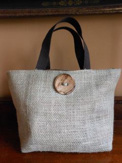 Handmade Sage Burlap Tote Lunch Bag with Organic Coconut Button