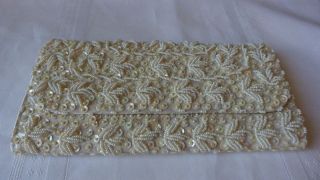 Vintage ab sequin and white hand sewn beaded clutch purse
