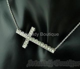 Celebrity Ripa Style Large Sideways Silver Cross Necklace with 