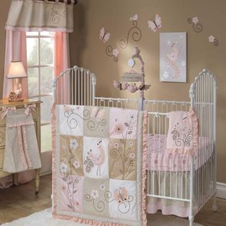 Pink and Brown Floral Peacock Bird Themed 5pc Baby Girl Nursery Crib 