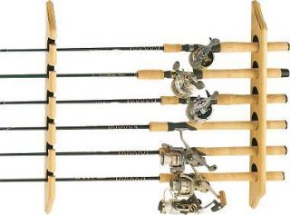   Solid Oak Wall Rod Rack Holds 6 Six Fishing Poles Cherry color finish