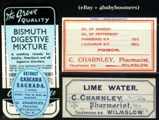   Laudanum NARCOTIC & Bottle LABEL Charney Pharmacy Wilmslow England