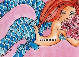   Blue tail Mermaid Rose Hug Sea Mrmd sketch print sofianime Elisa Chong