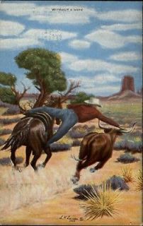 DUDE LARSEN Cowboy Roping Steer Old Postcard