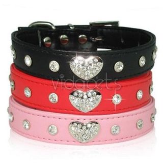   Black Red Pink Leather Rhinestone Heart Dog Collar Small Medium S M