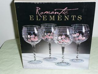 SET OF FOUR HAND PAINTED WINE GOBLETS GLASSES ELEMENTS ROSE MOTIF NEW 