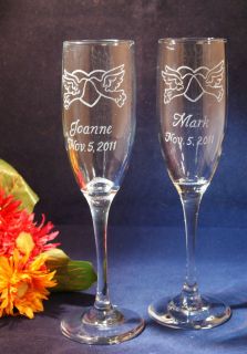 Personalized Engraved Wedding Champagne Toasting Flutes with Doves 