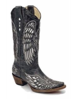 Womens Corral Vintage Black Leather Boots w/White Leather Inlay Wings 