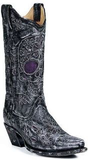 Womens Corral Vintage Distressed Black Leather Boots w/Purple Skull 