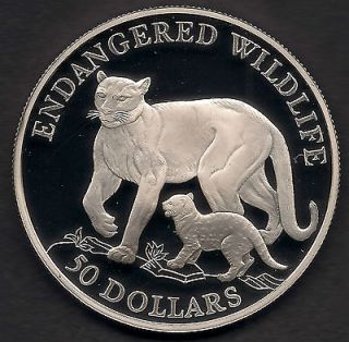   Endangered Wildlife Sterling Silver $50 Proof Coin 91 Cougar KM125