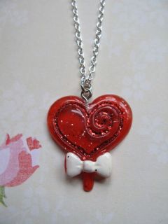 NEW Kitsch Heart Lollipop & Bow Pendant Necklace SP 18