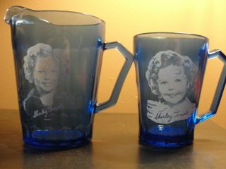 Vintage Shirley Temple Cobalt Blue Creamer Handled Glass PITCHER, and 