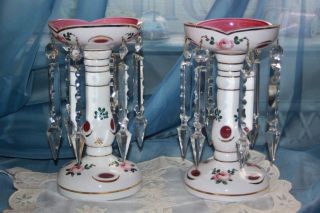   PAIR BOHEMIAN CZECH MANTLE LUSTRES Cased Glass White Overlay Cranberry