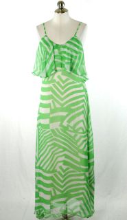 LovPosh ModCloth Green Off White Print Ruffle Trimmed Maxi Dress Lined 