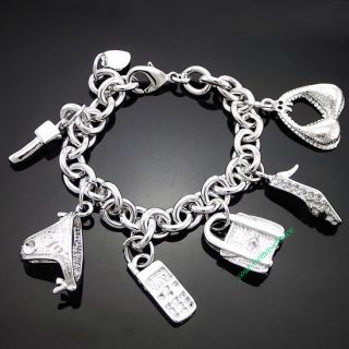 18k white Gold Gp Bikini Bag phone Charm chain Bracelet 7.5 inch